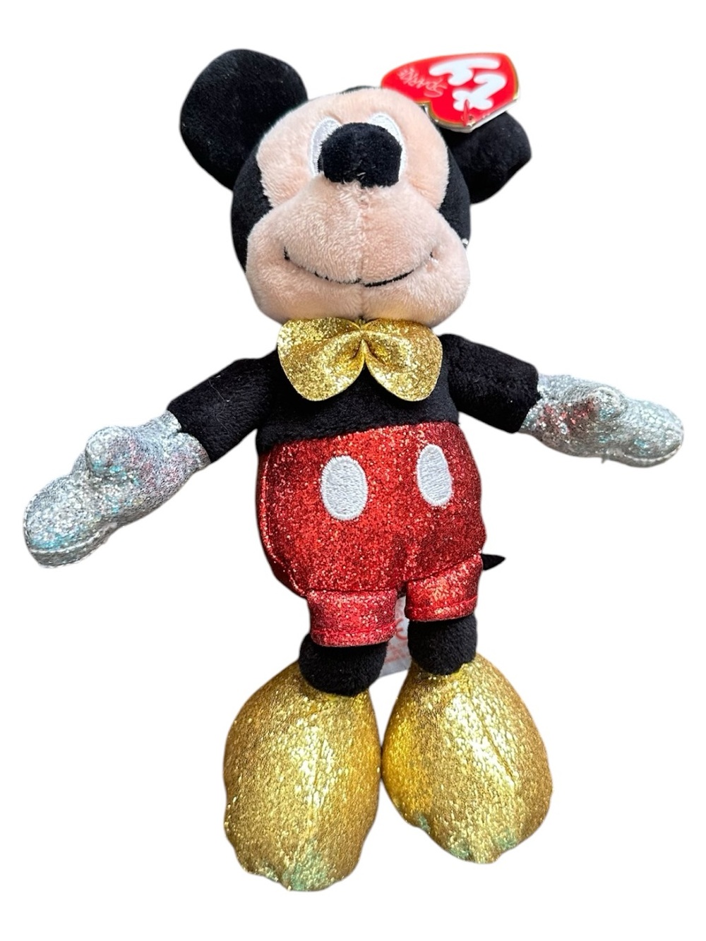 Ty Beanie Baby Glitter Sparkle Mickey Mouse Plush Black, Red, Gold & Silver 6”
